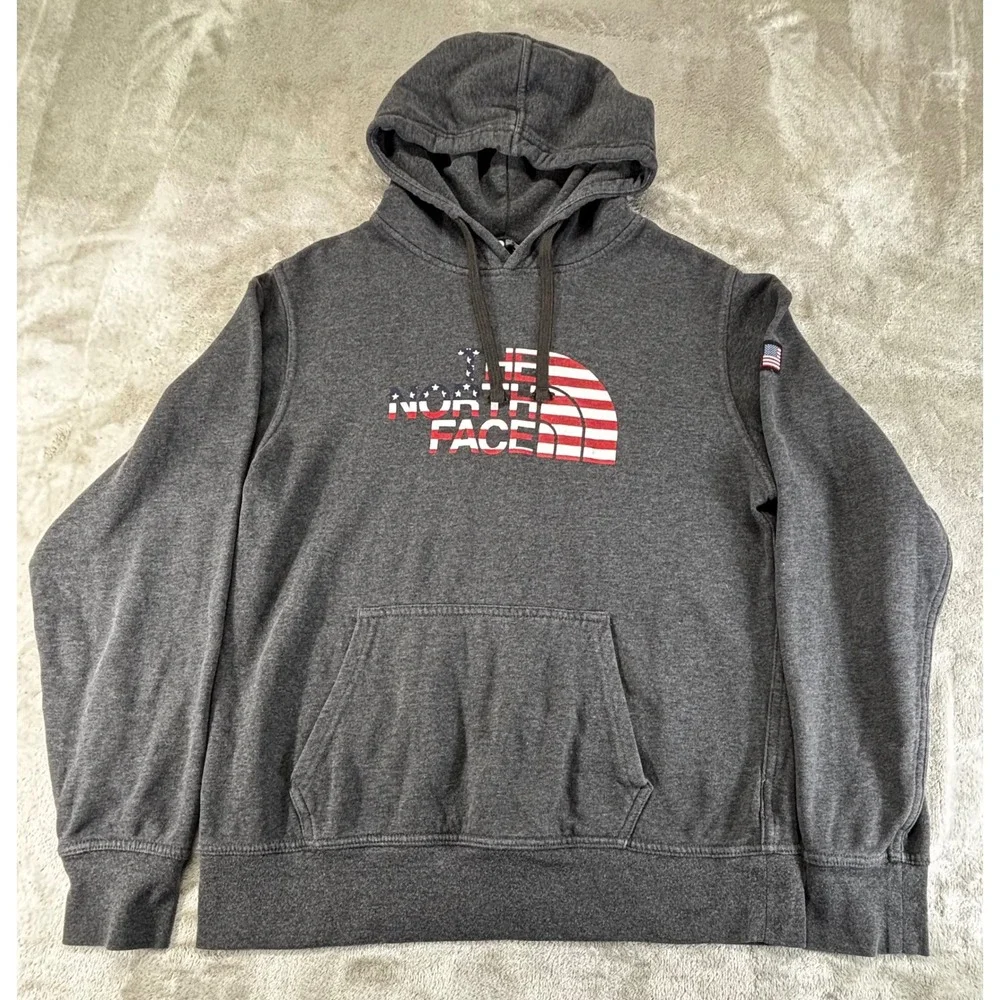 The North Face Hoodie‎ Mens M Grey USA Flag Graphic Pullover NF0A352E
